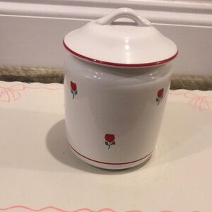 Vintage RB Bernarda Portugal White Ceramic Canister with Red Floral Design